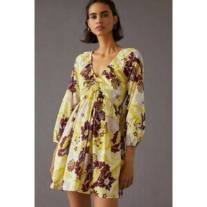 Anthropologie Women's Mini Dress Medium Floral Yellow V-Neck Boho Babydoll